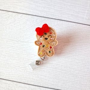 Gingerbread man badge reel, Gingerbread lady with bow, retractable badge reel